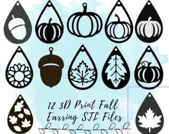 12 Fall Earring STL Files, Pumpkin Teardrop Earring STL, Acorn Earring STL, 3D Print Sunflower Earring, 3D Print Models for Fall Jewelry