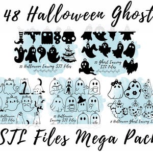 Op de afbeelding: Een verzameling van 48 Halloween-thema geesten en katten ontwerpen in zwart en wit. De afbeelding bevat verschillende ghost en cat earring STL-bestanden, met de tekst "STL Files Mega Pack."