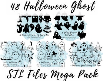 Puede incluir: Una colección de 48 diseños de fantasmas y gatos con temática de Halloween en blanco y negro. La imagen incluye varios archivos STL de aretes de fantasmas y gatos, con el texto "STL Files Mega Pack."
