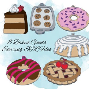 8 plików STL kolczyków Baked Goods, plik STL ciasteczek, plik STL bułeczek cynamonowych, plik wydruku 3D pączka, plik wydruku 3D ciasta, plik wydruku 3D ciasta wiśniowego