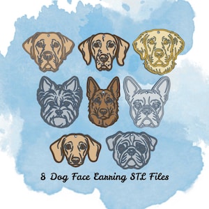 Op de afbeelding: Een verzameling van acht oorbelontwerpen met hondenkoppen, met rassen als Labrador en Franse Bulldog, in een uitgesneden stijl. De oorbellen hebben een lichtbruin, grijs en beige kleurenpalet. De tekst onderaan luidt "8 Dog Face Earring STL Files."