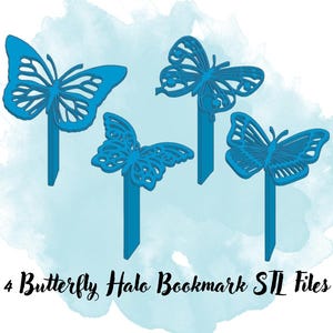 以下が含まれることがあります： ハローデザインの青い蝶の形をしたブックマークが4つ。ブックマークはプラスチック製で、印刷する準備ができています。