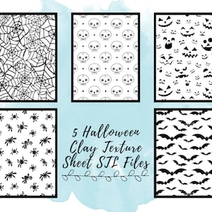 May include: Five black and white Halloween themed clay texture sheet STL files. The designs include a spider web, skulls, jack-o-lanterns, bats, and spiders.