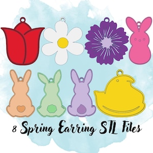 May include: Eight spring-themed earring designs in STL file format. The designs include a flower, a bunny, a chick, a tulip, and a heart.