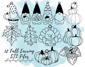 May include: Black and white line art of fall-themed earrings. The designs include gnomes, pumpkins, leaves, a turkey, and an acorn. The text "12 Fall Earring STL Files" is also included.