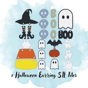 May include: A collection of Halloween-themed earring designs. Includes a witch hat, witch legs, skulls, the word "BOO", ghosts, a bat, a pumpkin, and candy corn. The text "8 Halloween Earring STL Files" is also present.