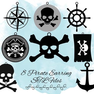 8 Pirate Earring STL Files, Pirate Flag STL File, Skull and Crossbones STL File, 3D Print Pirate Treasure, 3D Print Pirate Jewelry