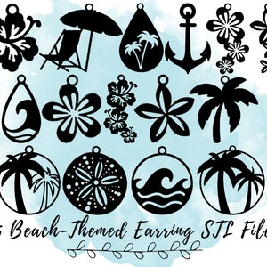 May include: 15 black and white beach-themed earring designs. The designs include palm trees, hibiscus flowers, seashells, anchors, and waves. The earrings are shown on a blue watercolor background.