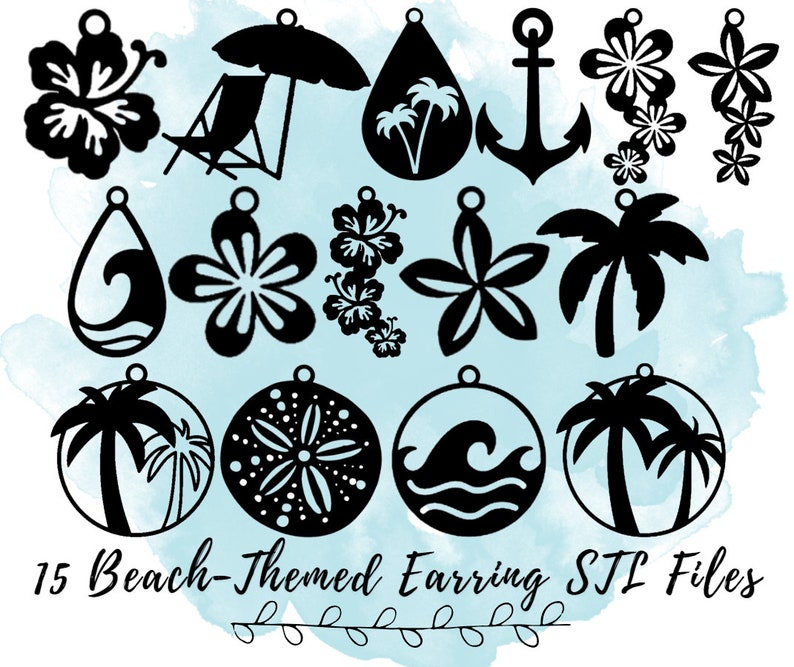 May include: 15 black and white beach-themed earring designs. The designs include palm trees, hibiscus flowers, seashells, anchors, and waves. The earrings are shown on a blue watercolour background.