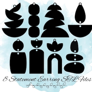 May include: Eight black geometric statement earring designs for digital download. The designs are in the shape of circles, semi-circles, arches, and abstract shapes.