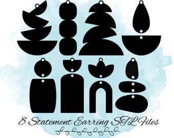 May include: Eight black geometric statement earring designs for digital download. The designs are in the shape of circles, semi-circles, arches, and abstract shapes.