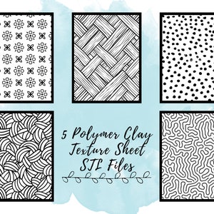 May include: Five black and white polymer clay texture sheets for use with a 3D printer. The sheets feature different patterns, including dots, swirls, and geometric designs. The text "5 Polymer Clay Texture Sheet STL Files" is written in black cursive on a light blue background.