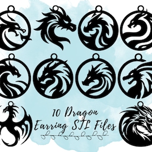 May include: Ten black and white dragon earring designs in a circle. The designs are for 3D printing and are labeled "10 Dragon Earring STL Files".
