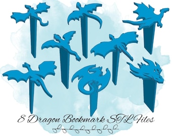 8 Dragon Bookmark STL Files, Dungeons and Dragons Theme Bookmark 3D Print Models, Flying Dragon Bookmark STL File, D&D Theme 3D Print Models