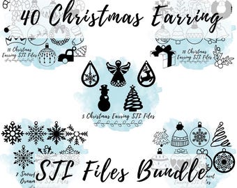 May include: A digital bundle of 40 Christmas earring STL files. The image features various Christmas-themed designs, including ornaments, snowflakes, angels, and a truck carrying a Christmas tree. The text "STL Files Bundle" is also present.