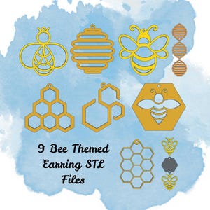 May include: Nine gold-colored bee-themed earring designs are displayed against a watercolor background. The designs include bee and honeycomb shapes. The text "9 Bee Themed Earring STL Files" is also present.