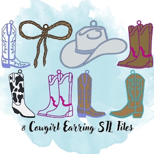 May include: Eight cowgirl earring designs in STL file format. The designs include cowboy boots, a cowboy hat, and a lasso. The boots are in various colors, including blue, pink, brown, and white.