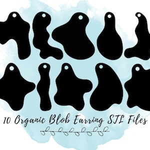 May include: Ten black organic blob earring designs in an STL file format. The designs are displayed on a blue watercolour background.