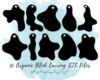 May include: Ten black organic blob earring designs in an STL file format. The designs are displayed on a blue watercolor background.