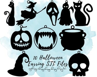 Op de afbeelding: Zwarte silhouetontwerpen van oorbellen met Halloween-thema. De afbeelding bevat een zwarte kat, een heks op een bezem, een spookgezicht, de zeisdrager, een zwarte kat, een pompoen, vampiertanden, een ketel, een heksenhoed en een schedel. De tekst luidt "10 Halloween Earring STL Files."