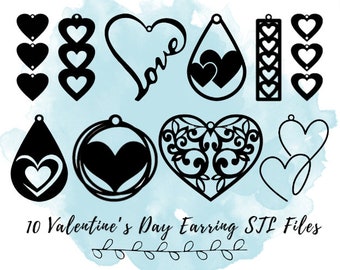 10 pares de pendientes para el día de San Valentín en archivos STL / Diseños de pendientes de corazón para el día de San Valentín imprimibles en 3D al por mayor / Descarga instantánea para pequeñas empresas
