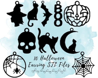 May include: Black silhouette designs of Halloween-themed earrings, including a witch, cat, bat, the word "BOO", a jack-o'-lantern, a skull, a cat, a cat on a crescent moon, a spider web with a spider, and a spider web. The text reads "10 Halloween Earring STL Files".