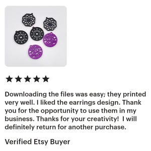 May include: A selection of black and purple earrings featuring detailed, openwork patterns. The earrings are in different shapes, including circular and geometric designs. The image also shows a customer review with a five-star rating.