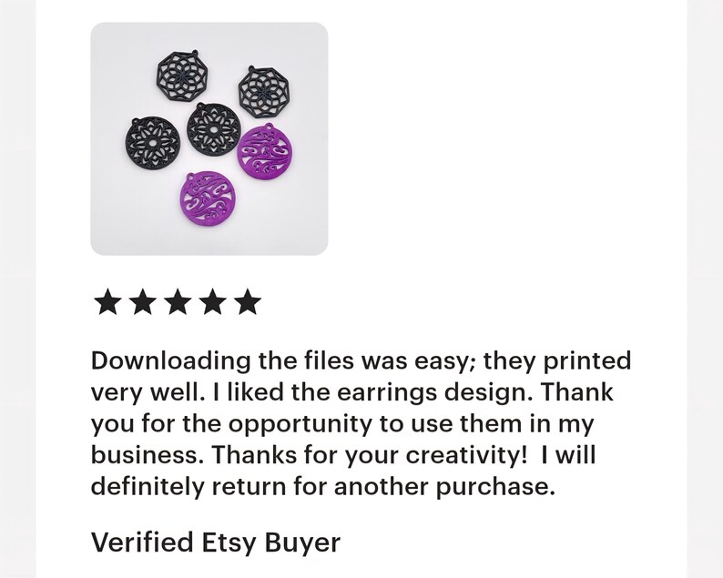 May include: A selection of black and purple earrings featuring detailed, openwork patterns. The earrings are in different shapes, including circular and geometric designs. The image also shows a customer review with a five-star rating.