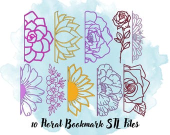 May include: Ten digital files for 3D printing bookmarks. The designs feature various floral motifs, including a sunflower, rose, and lotus flower. The files are ready to be printed on a 3D printer.