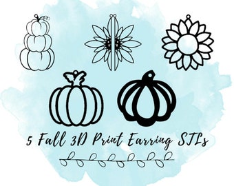 May include: Black and white line art designs of fall-themed earrings. The designs include a stacked pumpkin, a sunflower, and two different pumpkin shapes. The text "5 Fall 3D Print Earring STLs" is also included.