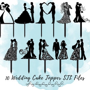 May include: Ten black silhouette wedding cake toppers featuring different poses of a bride and groom. The toppers are on sticks and are ready to be placed on a wedding cake.