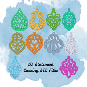 May include: A collection of ten colorful statement earring designs in various shapes, including teardrops and ornate filigree patterns. The earrings are in shades of green, yellow, orange, gray, and pink. Text reads "10 Statement Earring STL Files."