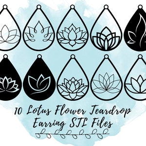 Pode incluir: Dez designs de brincos em forma de lágrima em preto e branco com um motivo de flor de lótus. O texto "10 Lotus Flower Teardrop Earring STL Files" está abaixo dos brincos.
