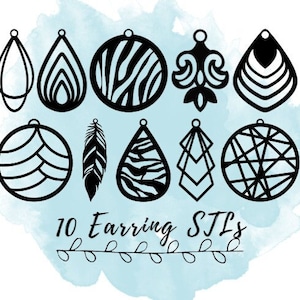 May include: Ten black earring designs in diverse shapes, such as teardrops, circles, and a feather, are shown. The designs are set against a light blue watercolour background. Text reads "10 Earring STLs".