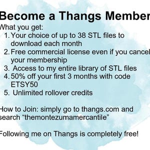 Peut inclure: Un graphique bleu et blanc avec le texte "Become a Thangs Member". Le graphique liste les avantages de devenir membre, y compris l'acc&egrave;s aux fichiers STL, une licence commerciale et des r&eacute;ductions. Le graphique comprend &eacute;galement des instructions sur la fa&ccedil;on de rejoindre.