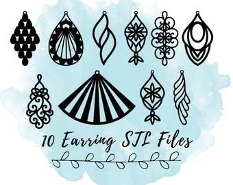 May include: Ten black and white digital files for 3D printing earrings. The files are for earrings in various shapes and designs, including a teardrop, a fan, and a swirl.