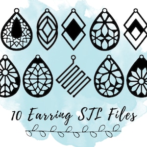 May include: Ten black and white digital earring designs in various geometric and floral patterns. The designs are displayed on a light blue watercolour background with the text "10 Earring STL Files".