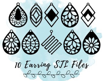 May include: Ten black and white digital earring designs in various geometric and floral patterns. The designs are displayed on a light blue watercolor background with the text "10 Earring STL Files".