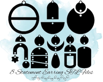 May include: Set of eight black statement earring shapes for crafting. The shapes include a circle, a crescent moon, a rectangle, a teardrop, a horseshoe, a half circle, and two different geometric shapes.