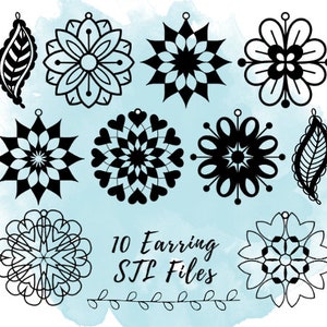 May include: Ten black and white digital earring designs in various geometric and floral patterns. The designs are labelled "10 Earring STL Files".