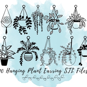 Puede incluir: Diez ilustraciones en blanco y negro de plantas colgantes en macetas. Las ilustraciones están en un estilo simple de arte lineal. El texto "10 Hanging Plant Earring STL Files" está en la parte inferior de la imagen.