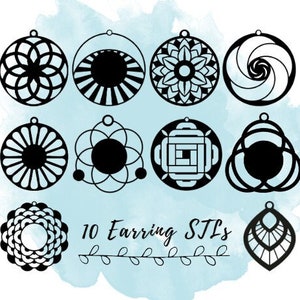 May include: Ten black earring designs in diverse geometric and floral patterns are shown. Each design is circular or teardrop-shaped, with a small loop for hanging. The text "10 Earring STLs" is displayed below the earrings, against a blue watercolor background.