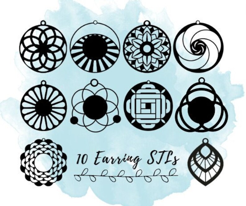 May include: Ten black earring designs in diverse geometric and floral patterns are shown. Each design is circular or teardrop-shaped, with a small loop for hanging. The text "10 Earring STLs" is displayed below the earrings, against a blue watercolor background.