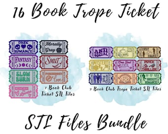 16 Trope Book Club Tickets STL Files 3 mm Thick, Bookish Decor STL File, Bookish Gift STL File, 3D Print for Bookshelf, 3D Print for Reader