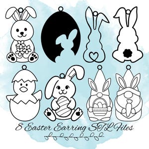 May include: A collection of eight Easter-themed earring designs in black and white. The designs include bunnies, an egg with a bunny silhouette, a chick hatching from an egg, and Easter gnomes. The text "8 Easter Earring STL Files" is also present.