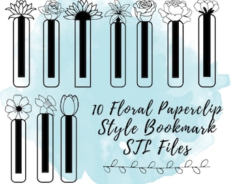 May include: Ten black and white floral paperclip style bookmark STL files. The bookmarks feature a variety of flowers, including roses, sunflowers, and lilies.