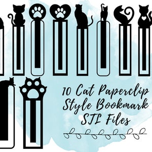 Puede incluir: Diez diseños de marcapáginas de estilo clip de papel en blanco y negro con temática de gatos. Los diseños incluyen un gato sentado, una huella de pata de gato, un gato con un corazón, un gato con la cola enroscada y un gato de pie. El texto "10 Cat Paperclip Style Bookmark STL Files" está debajo de los diseños.