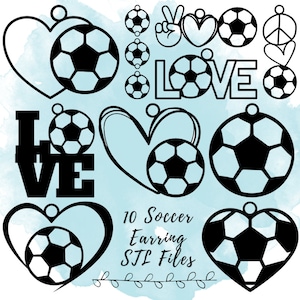 May include: Ten black and white soccer ball themed earring designs. The designs include a heart, a peace sign, and the word "LOVE". The text "10 Soccer Earring STL Files" is also included in the image.