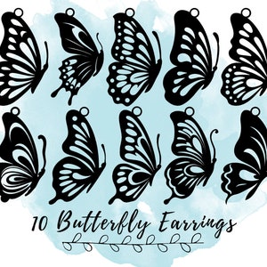 May include: Ten black butterfly earrings with intricate wing designs. The earrings are arranged in two rows of five, with the butterflies facing different directions.