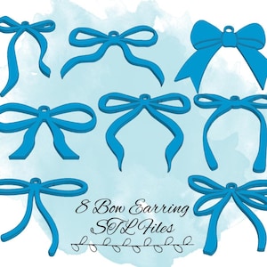 May include: Eight blue bow earring designs in STL file format. The bows are all different shapes and sizes.